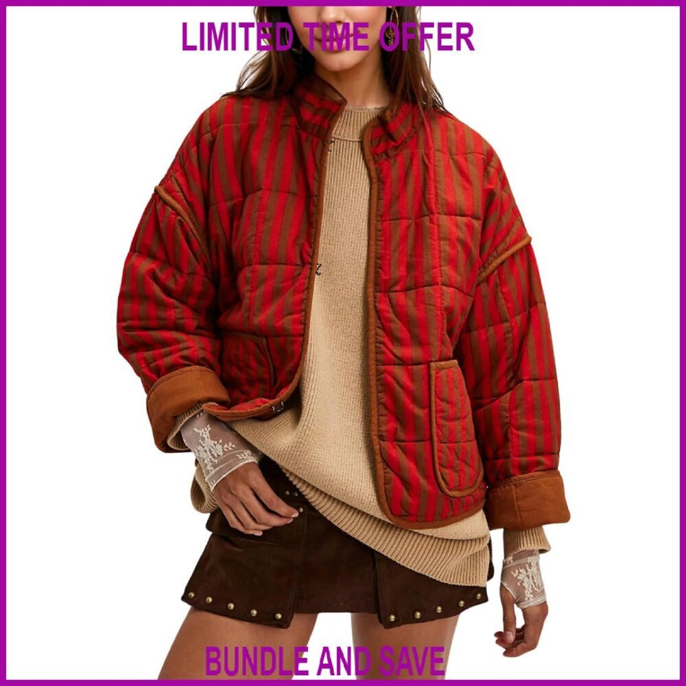 Quilted Puffer Jacket Lightweight Striped Stand Collar Pockets Winter Coat